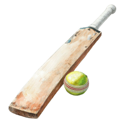cricket bat, cricket ball, sports, cricket theme, green ball, white wrapping, red thread, wooden bat, sports equipment, athletic, game day, cricket match, vintage sports, traditional sports, british sports, summer sport, sports themed, recreational, outdoor sports, competition, sports fan, cricket enthusiast, cream, sage green, rust brown, natural wood tones, rustic style, vintage aesthetic