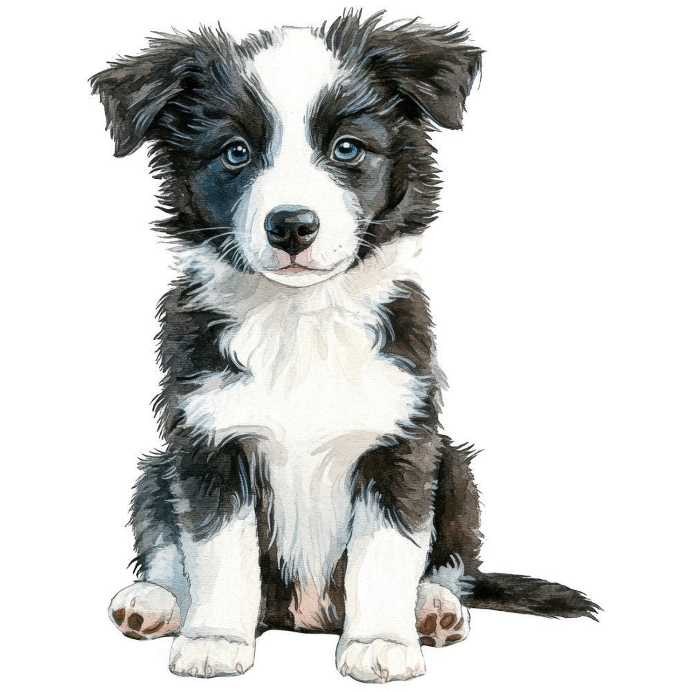 watercolor, border collie, puppy, dog, black and white, blue eyes, fluffy fur, sitting pose, pet portrait, fabric panel, quilting cotton, realistic art, animal lover, soft brushstrokes, white chest, tri-color markings, adorable expression, herding breed, canine art, craft fabric