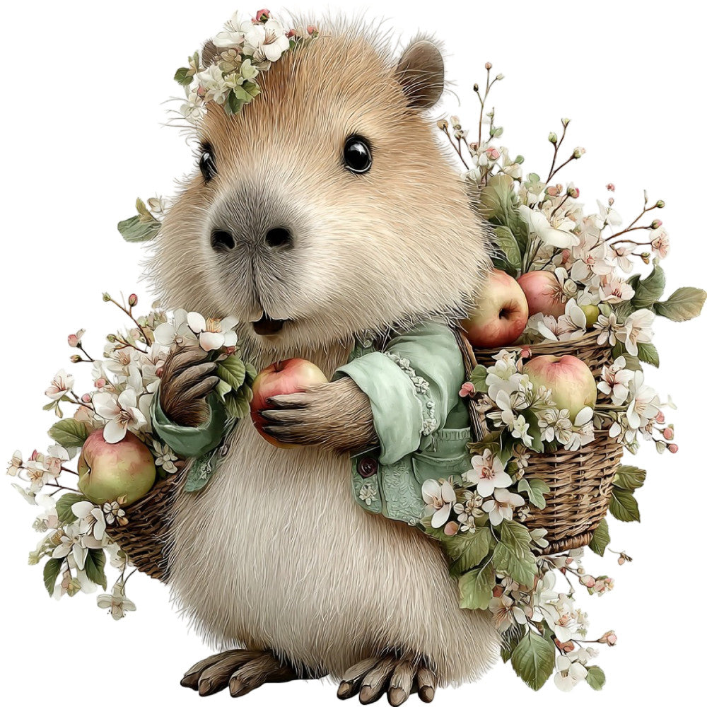 capybara, woodland animals, cute animals, whimsical, spring florals, delicate flowers, cream, sage green, soft pink, blush, natural colors, botanical, floral, nature-inspired, rustic, vintage, garden theme, animal portraits, gentle style, cottage core, farmhouse, apple harvest, fruit motifs, white flowers, green foliage, sweet design, children's fabric, nursery, adorable creatures, springtime