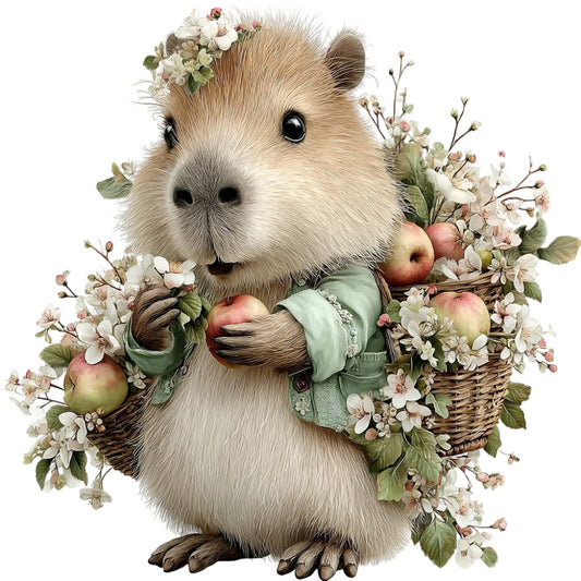 capybara, woodland animals, cute animals, whimsical, spring florals, delicate flowers, cream, sage green, soft pink, blush, natural colors, botanical, floral, nature-inspired, rustic, vintage, garden theme, animal portraits, gentle style, cottage core, farmhouse, apple harvest, fruit motifs, white flowers, green foliage, sweet design, children's fabric, nursery, adorable creatures, springtime