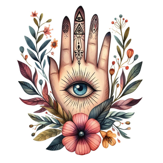 hamsa hand, all-seeing eye, third eye, spiritual, mystical, bohemian, boho, celestial, floral, botanical, nature, whimsical, folk art, ornamental, decorative, hand-painted, watercolor, illustration art, dusty rose, coral pink, teal blue, sage green, olive green, burgundy, cream, earthy tones, metaphysical, mandala-inspired, vintage botanical, modern bohemian