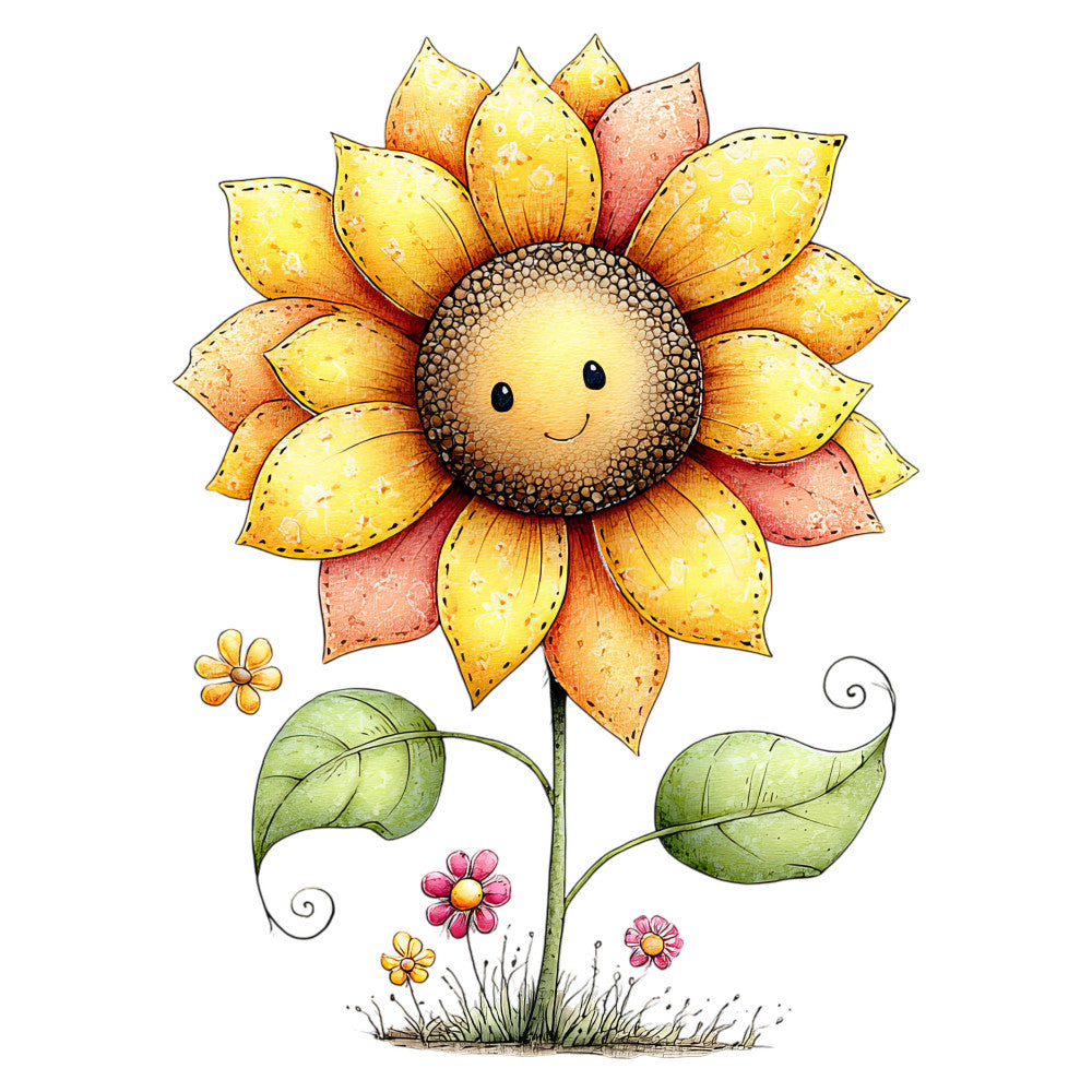 sunflower, yellow, gold, orange, coral pink, sage green, whimsical, nature, floral, smiling face, cute, children's, spring, summer, happy, cheerful, botanical, garden flowers, daisy, playful, illustration, folk art, rustic charm, pastoral, feminine, bright, vibrant, decorative, wall hanging, throw pillow
