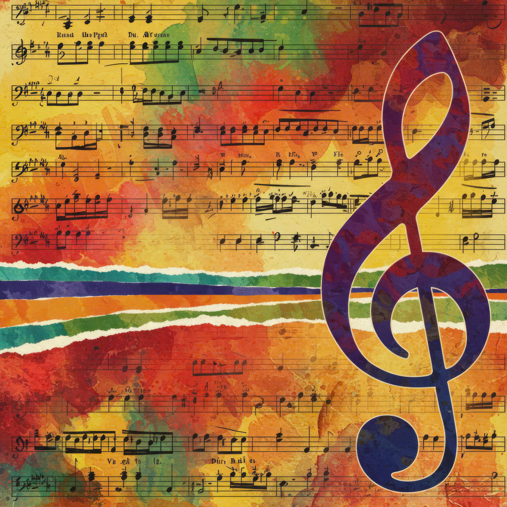 musical, treble clef, sheet music, music notes, vintage music, rainbow colors, warm sunset, watercolor, abstract, bohemian, artistic, vibrant, red, orange, yellow, green, blue, purple, multi-colored, music lover gift, music themed, decorative, modern art, grunge texture, artistic expression, musician, melody, classical music