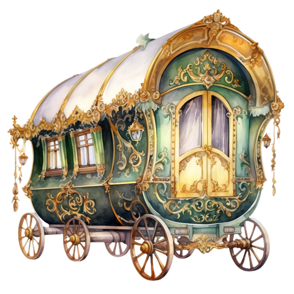 fairy tale, carriage, ornate gold, forest green, sage green, cream, gold accents, whimsical, fantasy, vintage, elegant, decorative, royal, enchanted, storybook, ornamental scrollwork, cinderella, princess, magical, baroque, ornate design, windows, doors, wheels, children's, timeless, classic, fairytale carriage, gold trim, emerald green