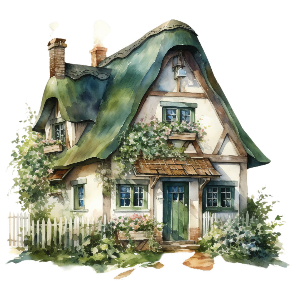 cottage, fairytale, storybook, whimsical, forest green, cream, white, sage green, brown, vintage, rustic, farmhouse, english countryside, architecture, house, building, nature, gardens, ivy, climbing vines, flowering plants, flowers, picket fence, charming, storybook cottage, european, traditional, pastoral, spring, summer