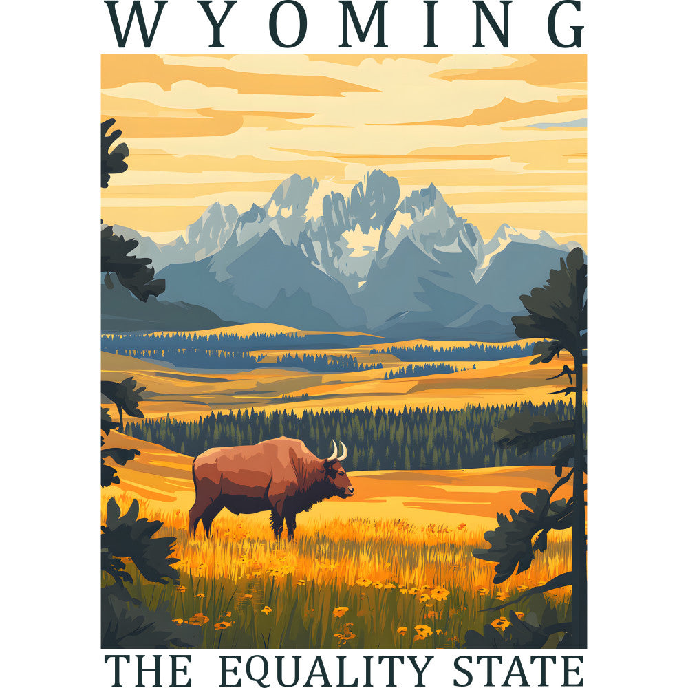 fabric panel, wyoming landscape, bison, buffalo, mountain scene, golden yellow, orange sunset, blue mountains, evergreen forest, western scenery, vintage poster style, quilting cotton, state pride, wildlife art, rustic design, outdoor theme, americana fabric, scenic vista, layered mountains, grazing animal