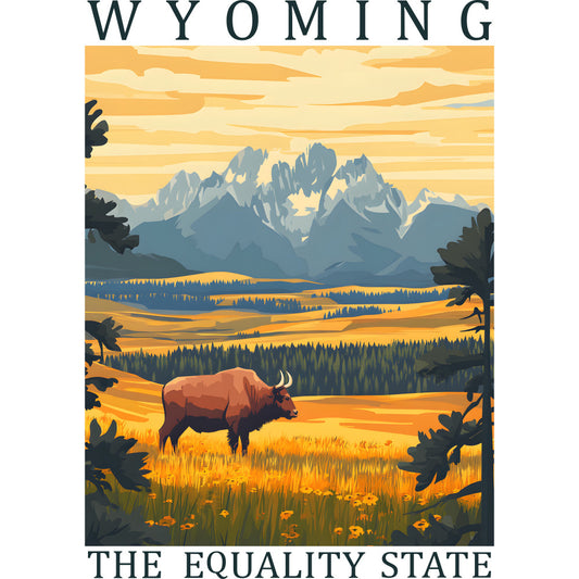 fabric panel, wyoming landscape, bison, buffalo, mountain scene, golden yellow, orange sunset, blue mountains, evergreen forest, western scenery, vintage poster style, quilting cotton, state pride, wildlife art, rustic design, outdoor theme, americana fabric, scenic vista, layered mountains, grazing animal