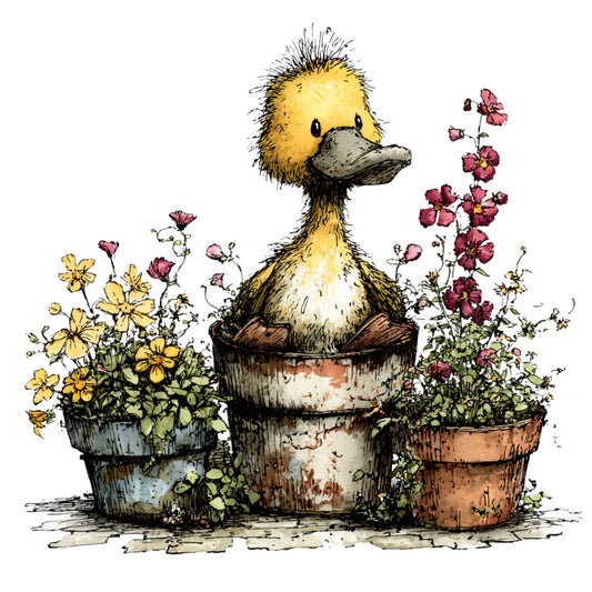 duck, duckling, yellow, burgundy, mauve, cream, rustic, farmhouse, whimsical, animals, nature, garden, flowers, floral, potted plants, terracotta, vintage, pastoral, spring, summer, cottage core, botanical, charming, storybook, illustrated, children's, country, folk art, wildflowers, buttercups