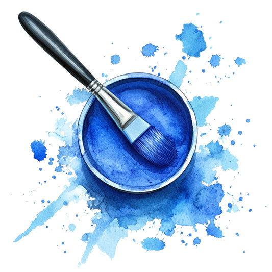 watercolor style, blue paint, artist brush, paint palette, cobalt blue, navy blue, light blue, paint splatters, art supplies, creative theme, paintbrush illustration, artistic design, fabric panel, quilting cotton, craft room, studio theme, painter's tools, watercolor wash, artistic splashes, creative workspace
