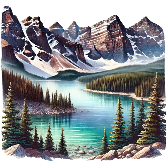 mountain landscape, alpine lake, snow-capped peaks, evergreen trees, turquoise water, fabric panel, nature scene, wilderness, rocky mountains, pine forest, glacial lake, mountain reflection, outdoor adventure, quilting cotton, scenic vista, blue green teal, brown earth tones, white snow, peaceful tranquil, landscape art