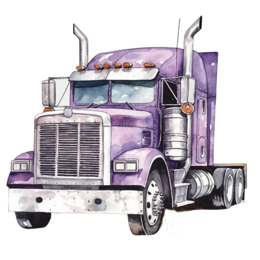 watercolor, semi truck, purple, lavender, white, chrome, transportation, vehicle, trucking, big rig, automotive, fabric panel, quilting cotton, realistic illustration, masculine theme, road travel, commercial vehicle, detailed artwork, soft pastels, freight truck