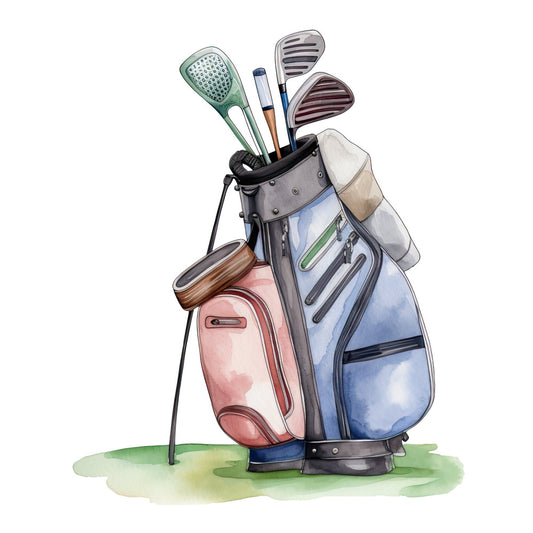golf, sports, golf clubs, golfer, leisure, recreation, coral pink, dusty rose, navy blue, light blue, sage green, tan, brown, woodland, outdoor sports, hobby, vintage style, whimsical, illustrated, watercolor, golf bag, putters, drivers, sporting goods, athletic, casual style, men's interests, preppy, country club, summer