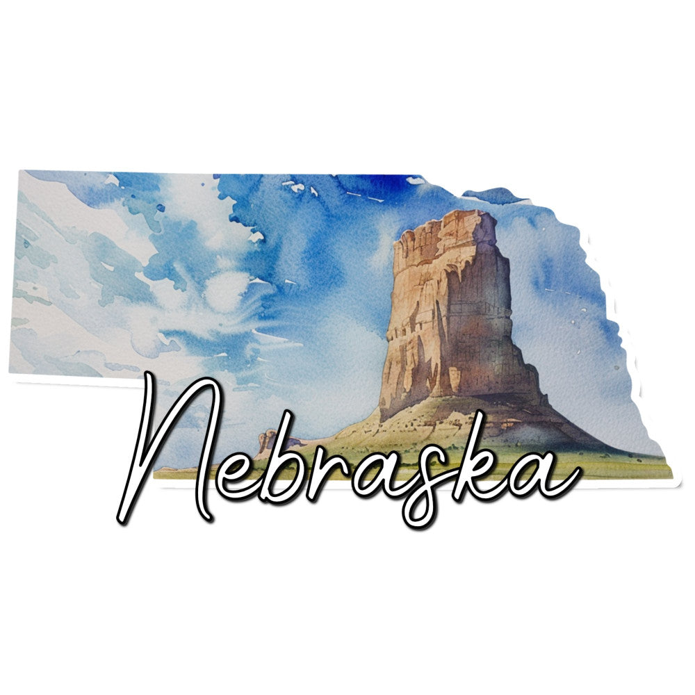nebraska, chimney rock, landmark, scenic, landscape, western, nature, blue sky, clouds, white clouds, tan, beige, brown, golden brown, sky blue, light blue, vintage, americana, travel, geographic, state pride, monument, prairie, plains, rustic, traditional, illustration, watercolor, geographical, state themed