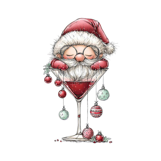 red, white, pink, green, christmas ornaments, santa claus, cocktail glass, martini glass, whimsical illustration, holiday theme, festive design, fabric panel, quilting cotton, christmas decorations, baubles, santa hat, beard, glasses, seasonal craft, holiday sewing