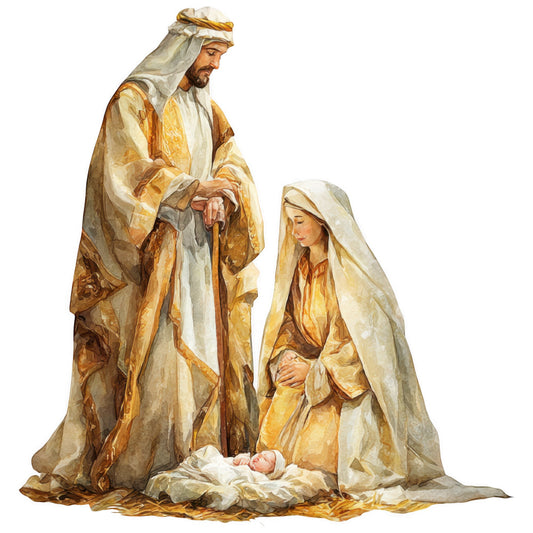 gold, cream, beige, brown, nativity scene, holy family, joseph, mary, baby jesus, biblical, religious, christmas, winter, watercolor style, soft brushstrokes, fabric panel, quilting cotton, manger scene, gentle lighting, peaceful mood, devotional, sacred
