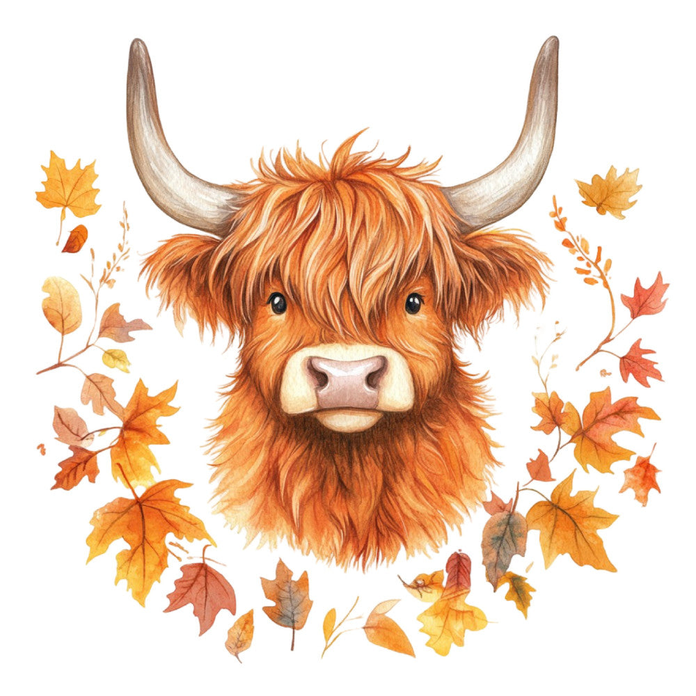 highland cow, orange, burnt orange, rust, cream, autumn leaves, fall foliage, farm animals, farmhouse, rustic, whimsical, nature, woodland, highland cattle, long horns, shaggy hair, maple leaves, seasonal, autumn, fall decor, cozy, country style, detailed illustration, watercolor style, animal portrait, cottage core, rustic charm