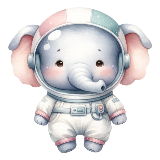 astronaut elephant, space explorer, cute animals, whimsical, soft pastels, dusty rose, sage green, pale pink, light blue, gray, celestial theme, space theme, cosmic, adventure, playful, modern, children's fabric, baby fabric, nursery, gender neutral, adorable characters, animals in space, retro futuristic, sweet illustration, soft colors, imaginative, storybook, decorative motifs, cloud accents