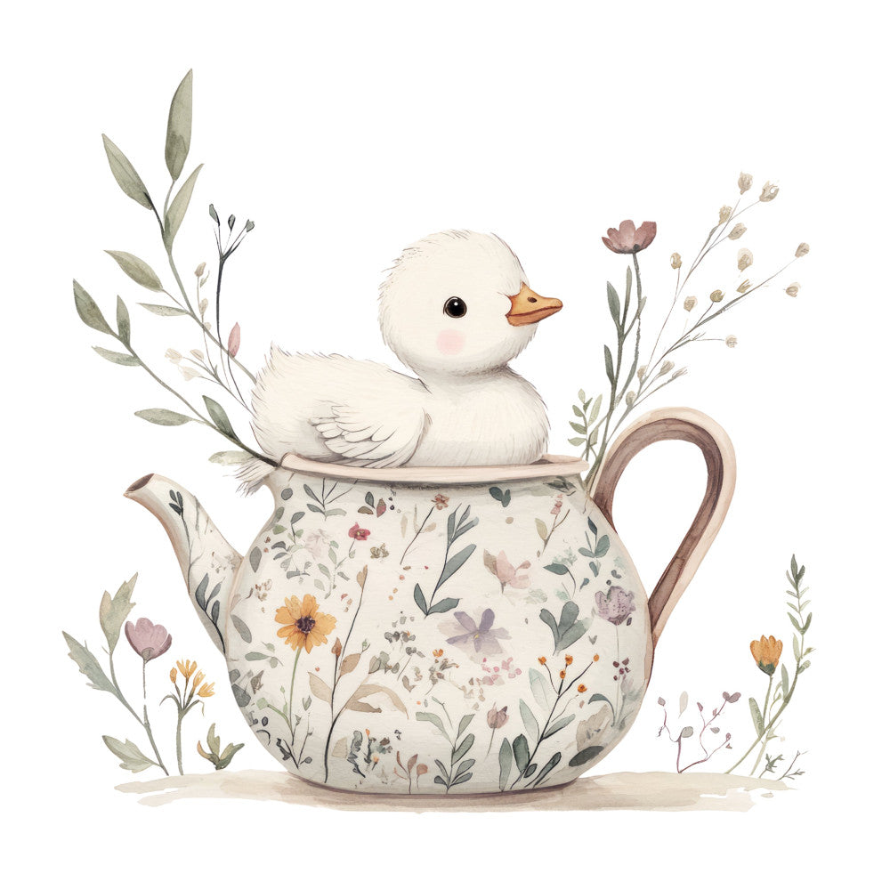 duckling, white duck, cream, sage green, dusty rose, mauve, golden yellow, soft pastels, floral, botanical, nature, spring, baby, whimsical, sweet, gentle, teapot, flowers, leaves, delicate, nursery, infant, adorable, storybook, watercolor, soft illustration, cottage core, garden, wildflowers, child-friendly