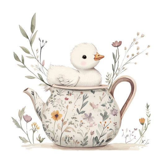 duckling, white duck, cream, sage green, dusty rose, mauve, golden yellow, soft pastels, floral, botanical, nature, spring, baby, whimsical, sweet, gentle, teapot, flowers, leaves, delicate, nursery, infant, adorable, storybook, watercolor, soft illustration, cottage core, garden, wildflowers, child-friendly