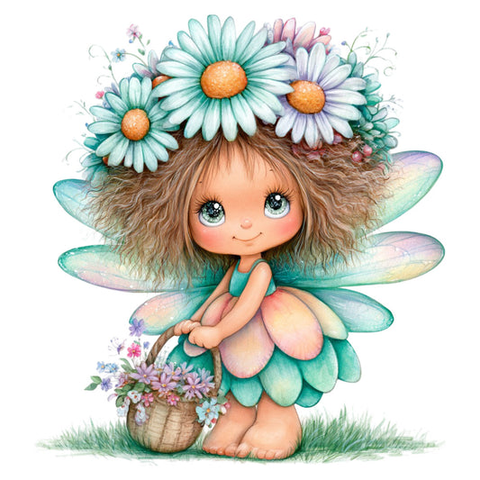 fairy, flower fairy, whimsical, nature, garden, floral, wings, daisy, turquoise, teal, coral pink, peach, cream, white, soft colors, pastel, children's, girl, cute, fantasy, spring, summer, baby quilt, wall hanging, decorative panel, magical, dreamy, botanical, flowers, basket