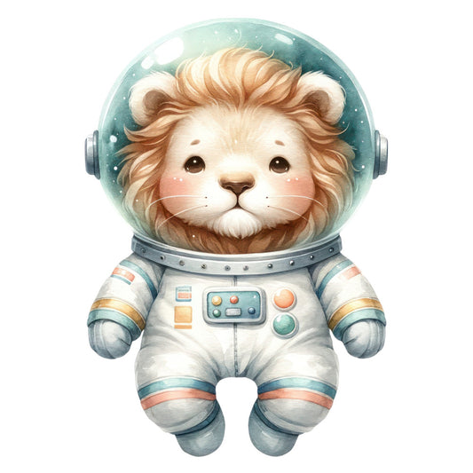 astronaut lion, space explorer, celestial, whimsical, cute animals, children's, baby, nursery, soft sage green, cream white, coral orange, teal blue, gold accents, animal character, kawaii, playful, adorable, fantasy, adventure, stars, space theme, boys, girls, gender neutral, modern cute, illustration style, character design, bedding, wall hanging, apparel