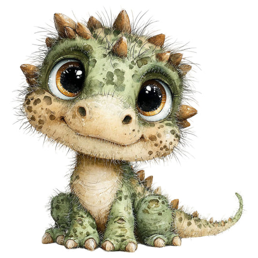 sage green, cream, tan, brown, golden yellow, spiky creature, dragon, dinosaur, whimsical, cute, fantasy, children's, baby, adorable, wide-eyed, spotted pattern, textured, playful, illustration, storybook, nursery, kids fabric, animal theme, magical creatures, charming, sweet, nature-inspired, character print, conversation print, novelty print