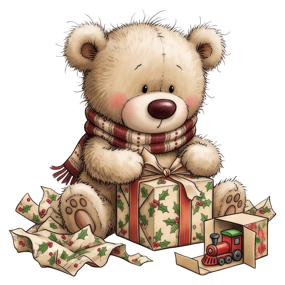 teddy bear, cream, beige, tan, burgundy, wine red, holly green, christmas, holiday, festive, whimsical, cute, cuddly, vintage, nostalgia, children, baby, toy train, gift box, holly berries, striped scarf, paw prints, stitched details, nursery, panel fabric, christmas morning, storybook illustration, soft, charming, winter