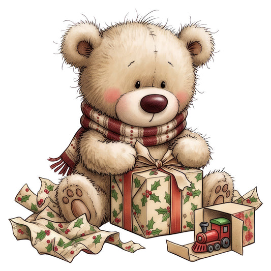 teddy bear, cream, beige, tan, burgundy, wine red, holly green, christmas, holiday, festive, whimsical, cute, cuddly, vintage, nostalgia, children, baby, toy train, gift box, holly berries, striped scarf, paw prints, stitched details, nursery, panel fabric, christmas morning, storybook illustration, soft, charming, winter