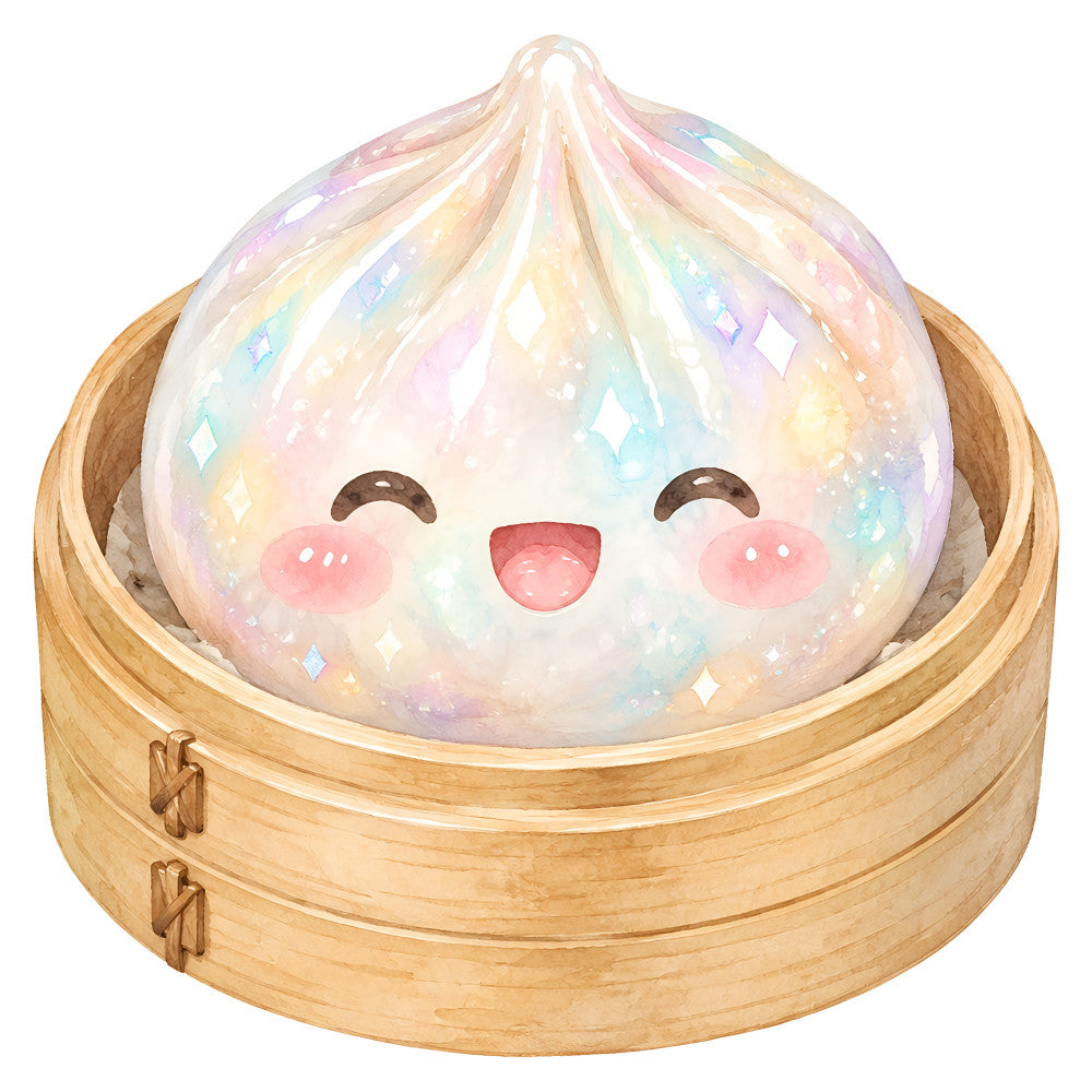 cute dumpling, kawaii, pastel colors, soft pink, pale yellow, light blue, lavender purple, iridescent, sparkly, shimmer, whimsical, asian inspired, dim sum, steamed bun, character design, food themed, playful, sweet, magical, sparkles, delicate, rainbow pastels, smile face, happy expression, children's, baby, spring colors, fantasy, enchanted