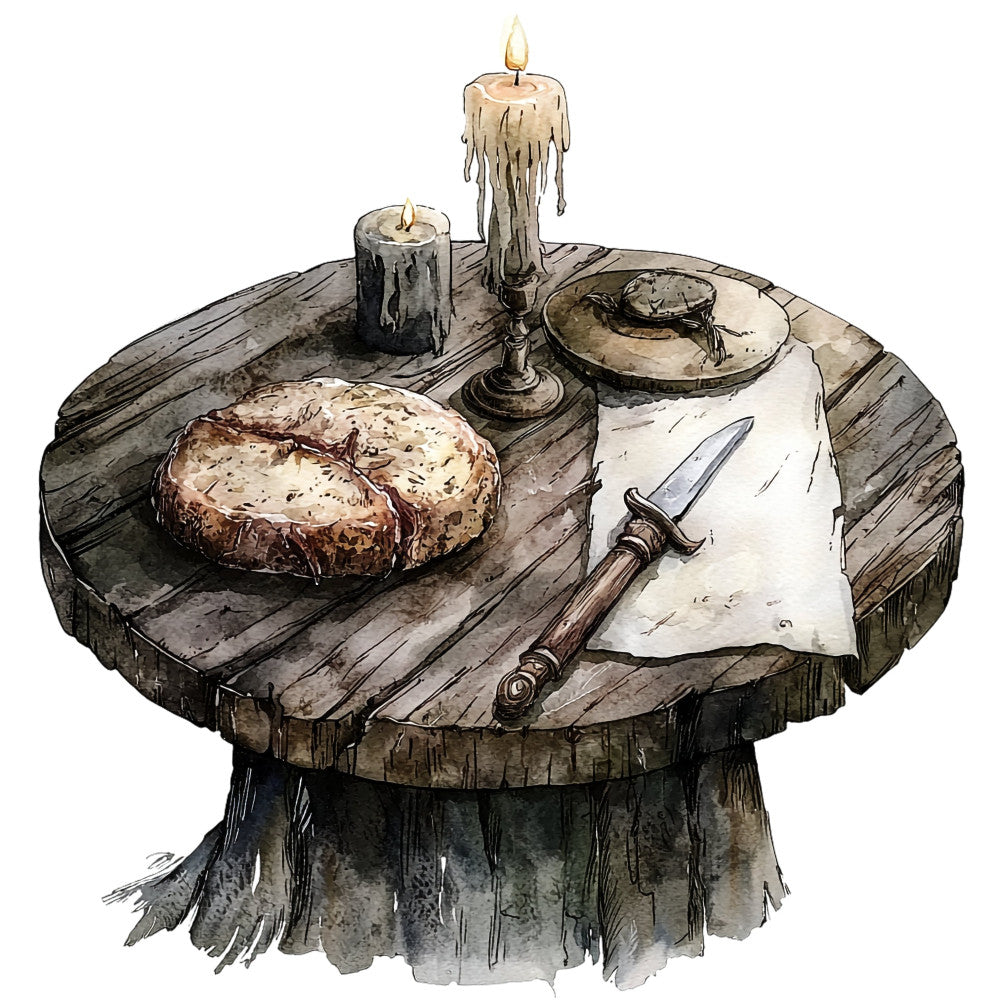 dark wood, aged wood, weathered wood, taupe, cream, beige, tan, burnt orange, charcoal gray, candlelight, bread loaf, knife, candles, dripping wax, parchment paper, rustic, medieval, gothic, vintage, dark academia, fantasy, dungeons and dragons, tavern, cottage core, moody, atmospheric, food, baking, candlelit, historical