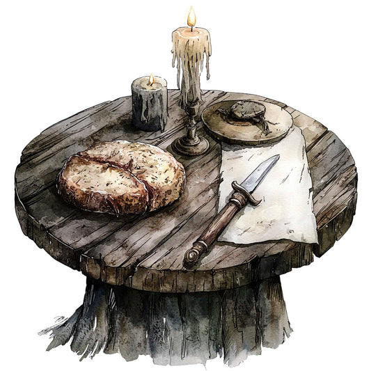 dark wood, aged wood, weathered wood, taupe, cream, beige, tan, burnt orange, charcoal gray, candlelight, bread loaf, knife, candles, dripping wax, parchment paper, rustic, medieval, gothic, vintage, dark academia, fantasy, dungeons and dragons, tavern, cottage core, moody, atmospheric, food, baking, candlelit, historical