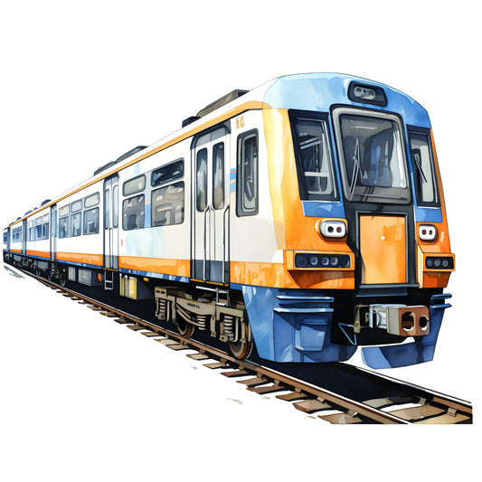 orange and blue train, modern transportation, commuter train, yellow stripe, contemporary, geometric, vehicles, trains, modern style, bright colors, blue and orange, urban theme, transit, railway, travel theme, locomotive panel, transport fabric, bold colors, graphic design, machine print, contemporary style, kids fabric, children's theme, adventure, journey, motion themed, dynamic design, saturated colors, illustration style, detailed print