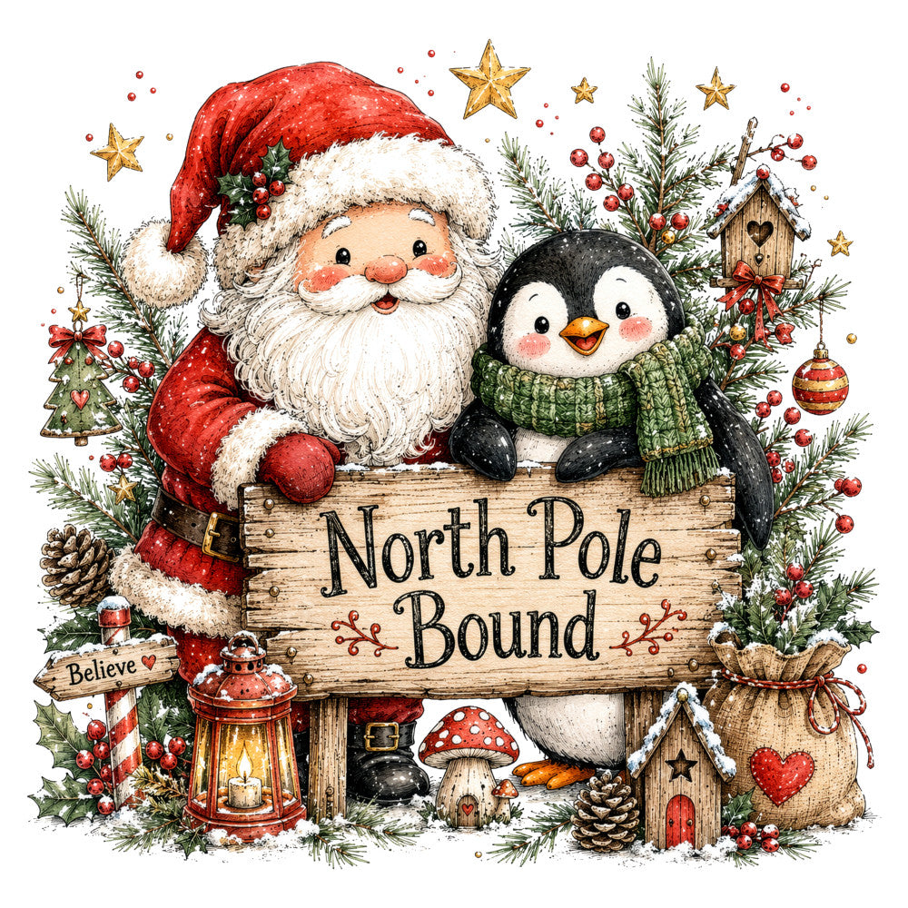santa claus, penguin, north pole, christmas, holiday, red and white, forest green, gold stars, festive, whimsical, rustic, vintage, winter, believe sign, lantern, evergreen branches, red berries, pine cones, mushroom house, heart motifs, candy cane, birdhouse, christmas trees, ornaments, cozy, traditional, nostalgic, seasonal, children's, magical