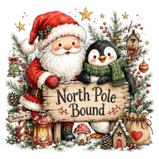 santa claus, penguin, north pole, christmas, holiday, red and white, forest green, gold stars, festive, whimsical, rustic, vintage, winter, believe sign, lantern, evergreen branches, red berries, pine cones, mushroom house, heart motifs, candy cane, birdhouse, christmas trees, ornaments, cozy, traditional, nostalgic, seasonal, children's, magical