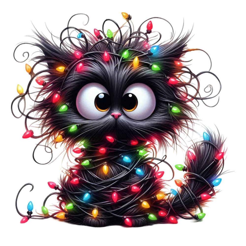 whimsical cat, christmas lights, holiday, festive, black cat, colorful lights, multicolor, red lights, green lights, blue lights, yellow lights, pink lights, orange lights, glowing bulbs, light string, cute cat, playful, winter, christmas decoration, eye-catching, joyful, cheerful, fun, quirky, modern whimsical, animal theme, holiday spirit, festive season, wall hanging, character print