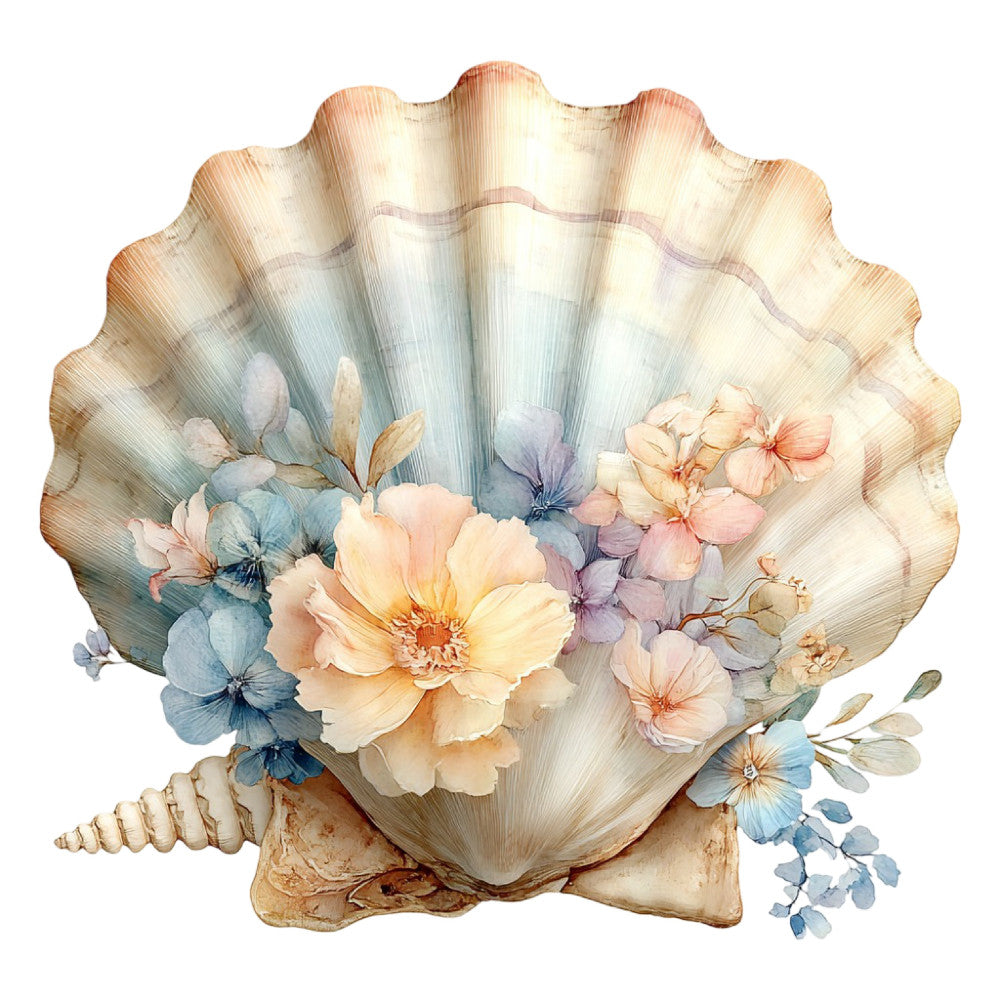 seashell, floral, watercolor flowers, pastel colors, cream, soft peach, dusty blue, lavender, pale pink, coastal, nautical, vintage, elegant, romantic, spring, summer, botanical, delicate flowers, shell motif, garden flowers, soft feminine, whimsical, nature inspired, ocean theme, beige, blush pink, sky blue, cottage core, dreamy, decorative panel