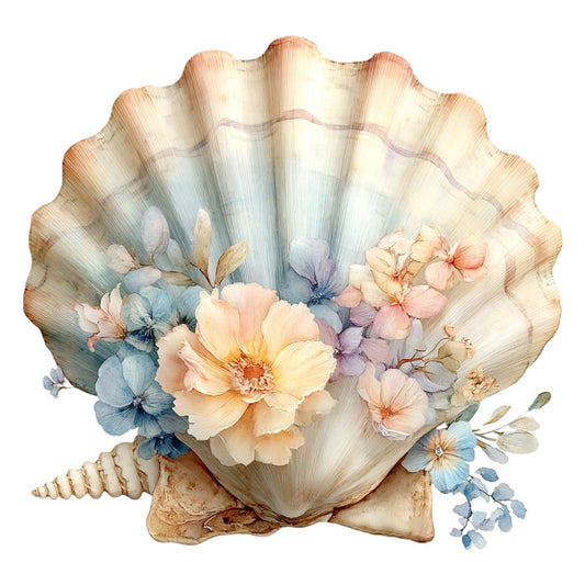 seashell, floral, watercolor flowers, pastel colors, cream, soft peach, dusty blue, lavender, pale pink, coastal, nautical, vintage, elegant, romantic, spring, summer, botanical, delicate flowers, shell motif, garden flowers, soft feminine, whimsical, nature inspired, ocean theme, beige, blush pink, sky blue, cottage core, dreamy, decorative panel