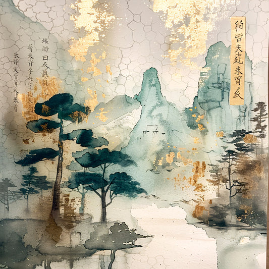 sage green, teal blue, golden yellow, cream beige, watercolor wash, mountain landscape, pine trees, misty atmosphere, asian calligraphy, rice paper texture, fabric panel, quilting cotton, serene mood, nature scene, distant peaks, forest silhouettes, ethereal quality, soft brushstrokes, oriental art style, tranquil setting