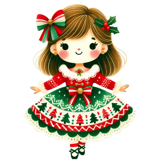 christmas, holiday, festive, red, green, cream, gold, girl, vintage, retro, whimsical, cute, sweet, traditional, christmas trees, snowflakes, candy cane, bow, holly berries, evergreen, geometric, winter, seasonal, children, girl character, dress, retro illustration, nostalgic, mid-century style, decorative