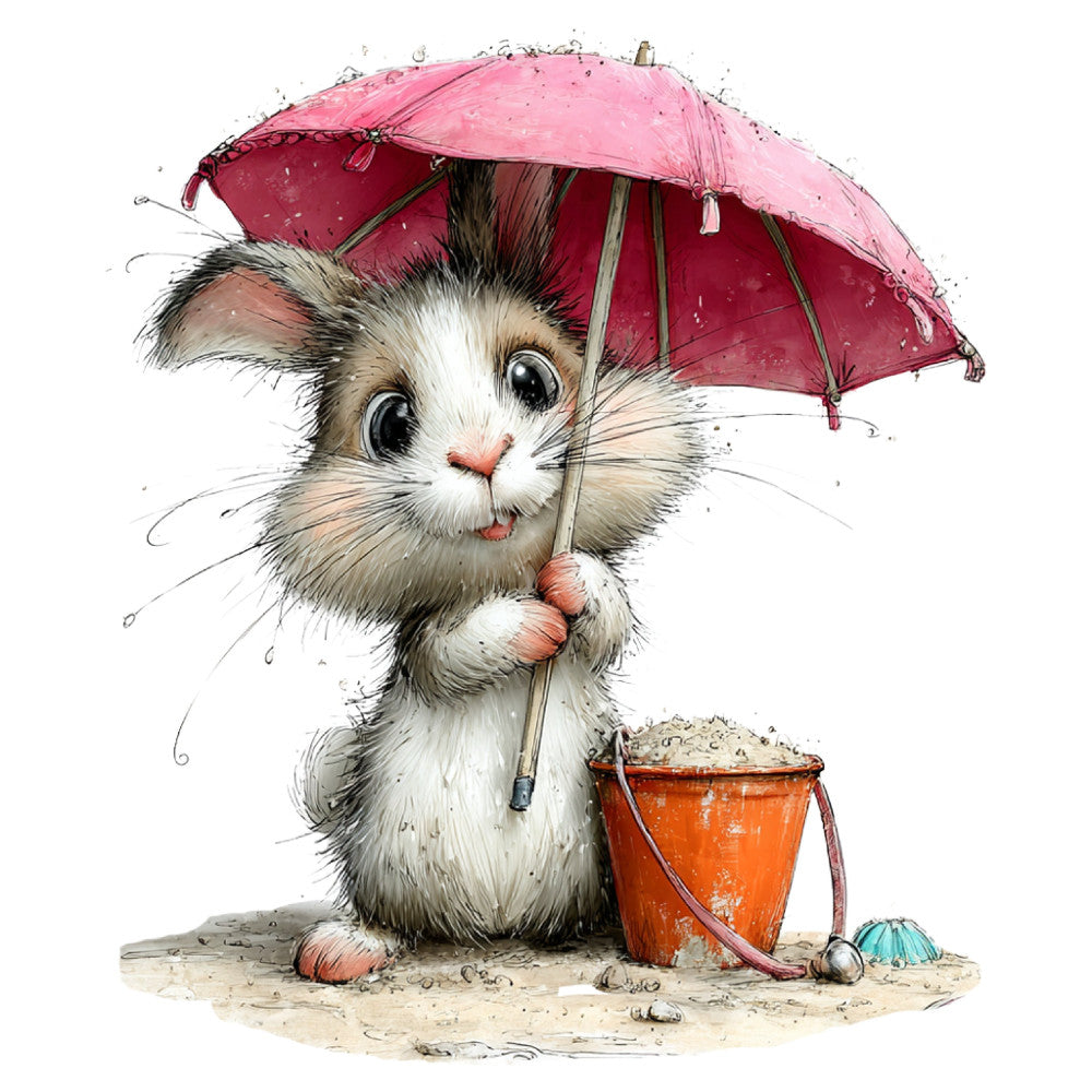 cute kitten, pink umbrella, beach theme, sandy beach, whimsical animals, children's design, playful cat, rainy day, seaside, summer, beach bucket, ocean theme, illustration style, watercolor style, animal portrait, kids fabric, nursery decor, coral pink, cream white, tan beige, rust orange, dusty rose, gray brown, storybook style, charming design, sweet animals, decorative animals, baby shower, adorable creatures, illustrated animals