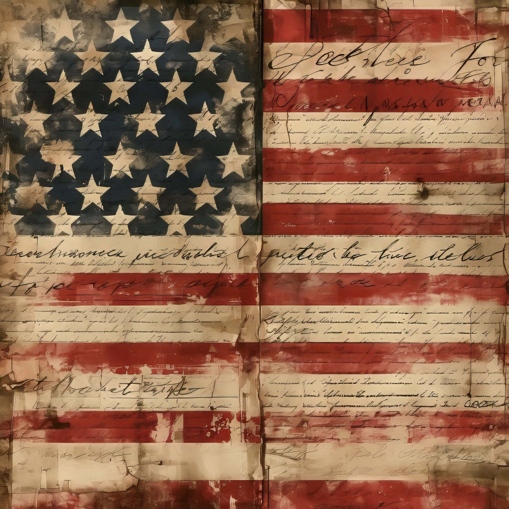 american flag, patriotic, vintage, stars, stripes, red white and blue, handwritten text, script lettering, distressed, aged, historical, americana, rustic, cream, beige, navy, red, independence day, fourth of july, document, antique, heritage, traditional, nostalgic, colonial, patriot, textured, mixed media, wall hanging