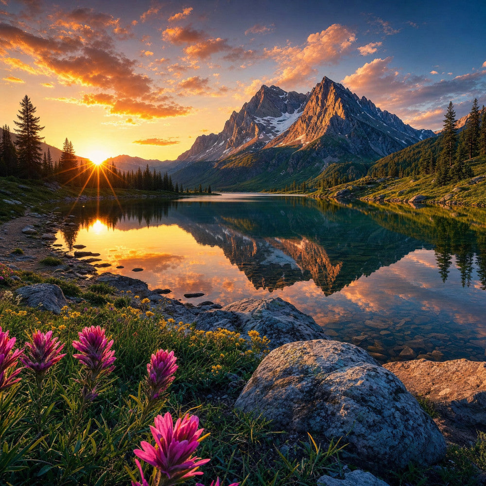 sunset, mountain landscape, alpine lake, golden hour, wildflowers, pink flowers, purple flowers, yellow flowers, reflection, nature scene, scenic vista, forest green, sky blue, golden yellow, coral pink, magenta, orange, rustic, landscape, outdoor, scenic, spring, summer, wall hanging, nature lover, panoramic, hiking theme, adventure, wilderness, majestic peak