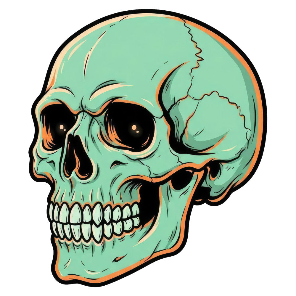 mint green skull, turquoise skull, orange accents, black eyes, gothic skull, day of the dead, skeleton design, edgy pattern, alternative style, rock and roll, punk aesthetic, bold graphic, statement print, goth theme, skull motif, spooky theme, halloween, memento mori, contemporary style, artistic skull, decorative skull, bold colors, high contrast, modern gothic, dark aesthetic, skull illustration, biker style, edgy fashion, alternative fabric