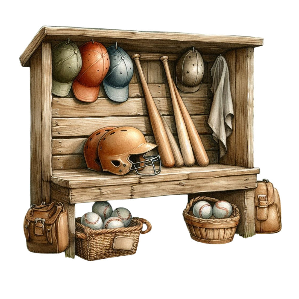 baseball, sports, vintage, rustic, farmhouse, americana, americana sports, red baseball caps, blue baseball caps, olive green caps, tan leather, wooden shed, sports equipment, baseballs, baseball bats, wood grain, neutral tones, cream, tan, rust red, sage green, slate blue, sporting goods, athletic, traditional, nostalgic, sports memorabilia, boys room, man cave, vintage americana