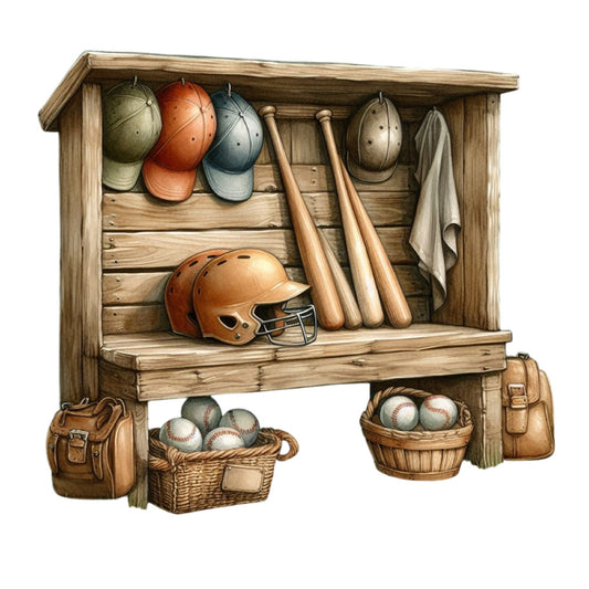 baseball, sports, vintage, rustic, farmhouse, americana, americana sports, red baseball caps, blue baseball caps, olive green caps, tan leather, wooden shed, sports equipment, baseballs, baseball bats, wood grain, neutral tones, cream, tan, rust red, sage green, slate blue, sporting goods, athletic, traditional, nostalgic, sports memorabilia, boys room, man cave, vintage americana