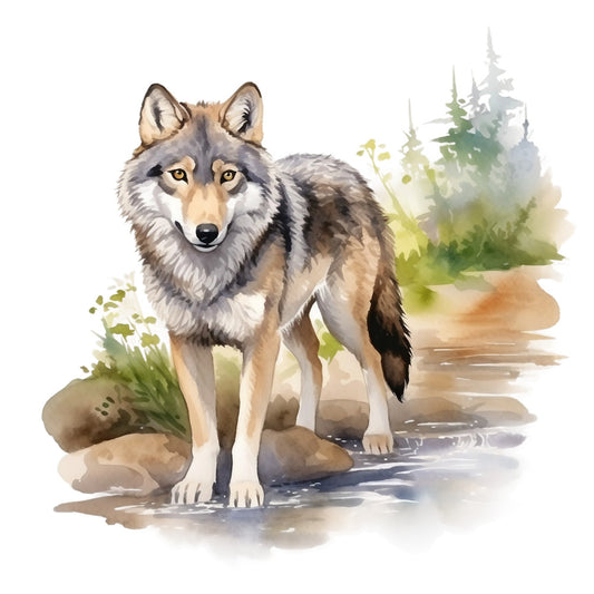 wolf, watercolor style, gray wolf, brown tones, green foliage, forest scene, wildlife, nature panel, fabric panel, quilting cotton, earthy colors, woodland animal, realistic portrait, outdoor scene, pine trees, natural habitat, amber eyes, fur texture, wilderness theme, animal print