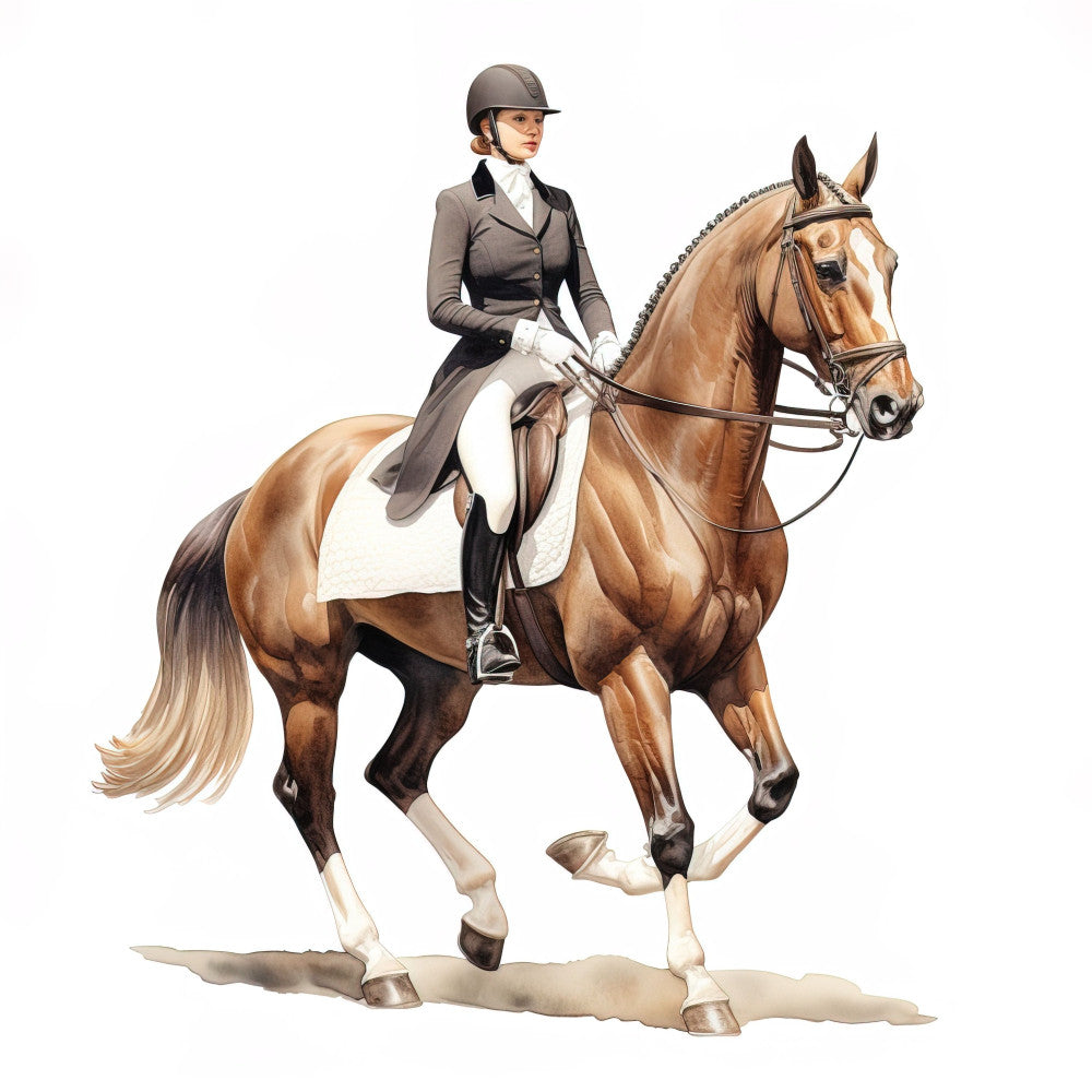 equestrian, horse, rider, english riding, dressage, brown horse, tan horse, chestnut, cream, chocolate brown, charcoal gray, white, elegant, sophisticated, traditional, sporting, animals, horses, equine, vintage, classic, country, rural, detailed illustration, realistic, horsewoman, riding habit, animals in sport, heritage, timeless