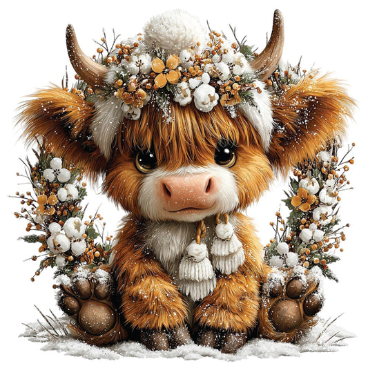 christmas, highland cow, fabric panel, orange fur, white flowers, golden blooms, winter wreath, floral crown, cute animal, whimsical illustration, seasonal decor, festive design, brown horns, snowy background, quilting cotton, craft panel, holiday theme, adorable character, winter florals, rustic charm