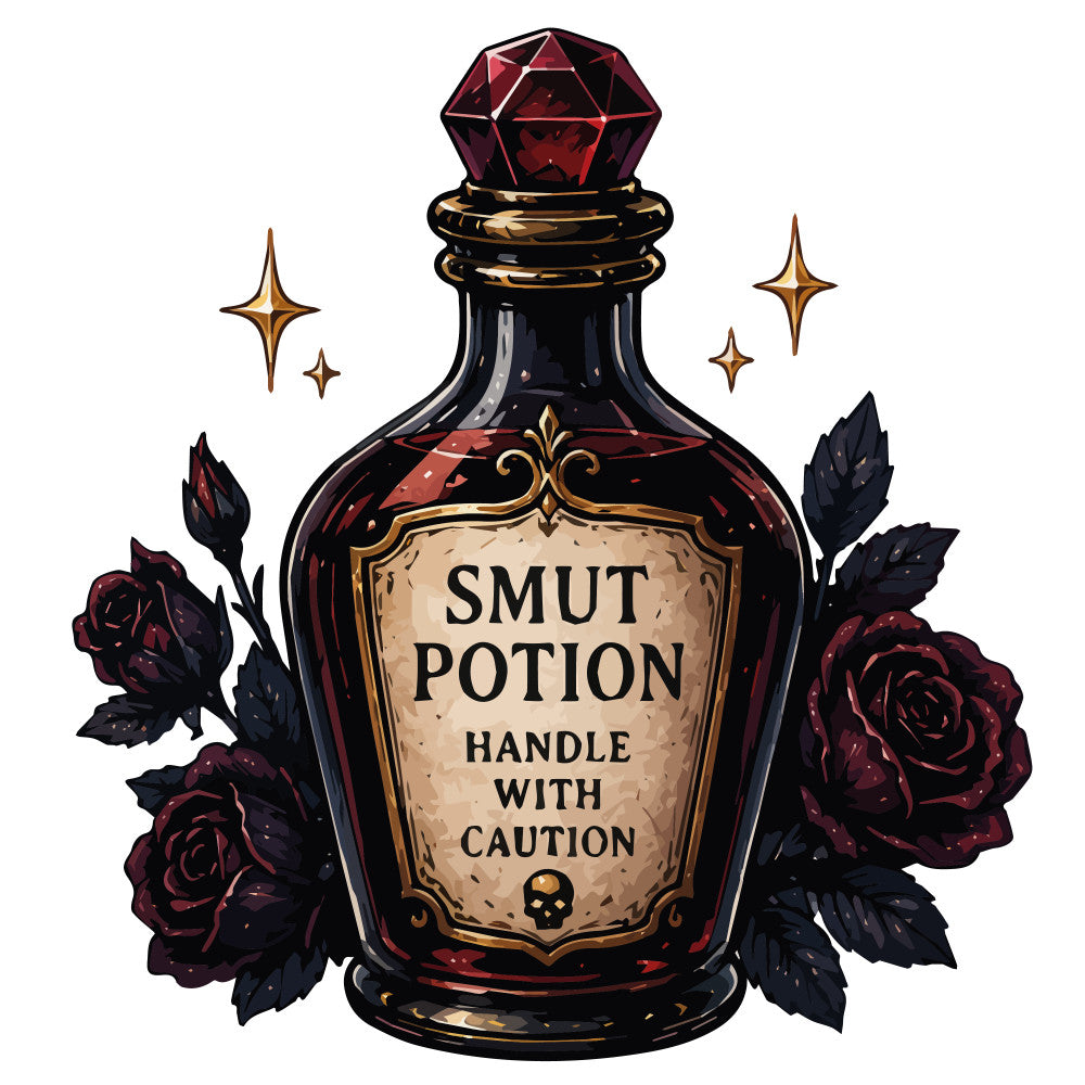 smut potion, dark red, burgundy, black, gold, deep wine, dark romance, witchy, magical, mystical, gothic, celestial, stars, roses, dark roses, potion bottle, vintage apothecary, elegant, whimsical, spooky, halloween, dark academia, fantasy, enchanted, botanical, ornate, dramatic, moody, dark feminine