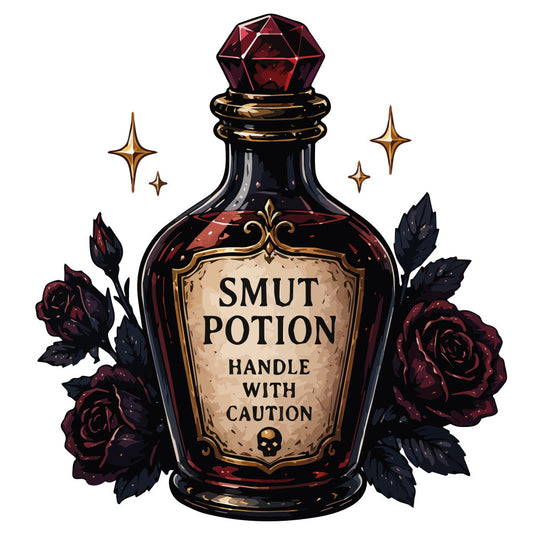 smut potion, dark red, burgundy, black, gold, deep wine, dark romance, witchy, magical, mystical, gothic, celestial, stars, roses, dark roses, potion bottle, vintage apothecary, elegant, whimsical, spooky, halloween, dark academia, fantasy, enchanted, botanical, ornate, dramatic, moody, dark feminine
